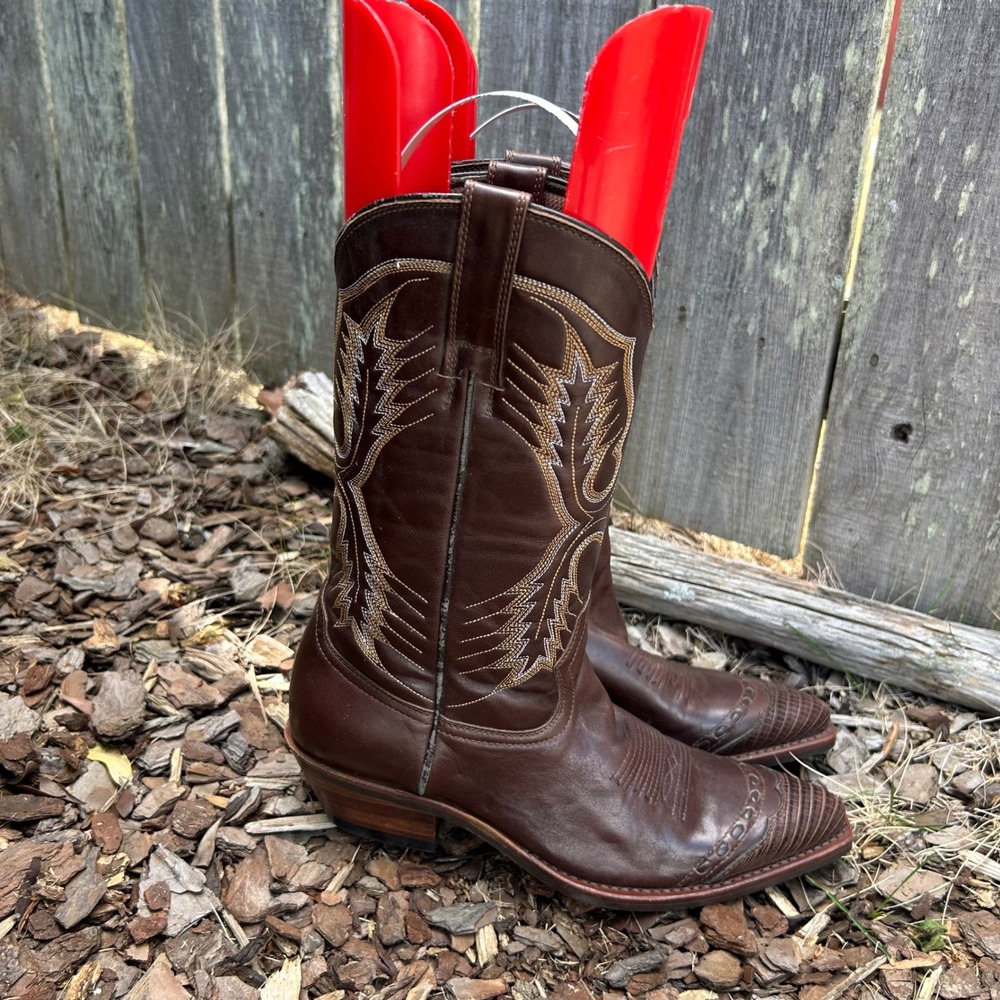 Laredo Brown Leather Western Cowgirl Boots Lizard Embossed Wingtip Pointed Toe - Picture 3 of 10